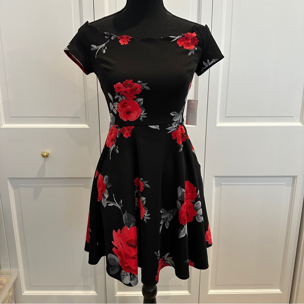 NWT B. Darlin Off the Shoulder Floral Black and Red Skater Dress